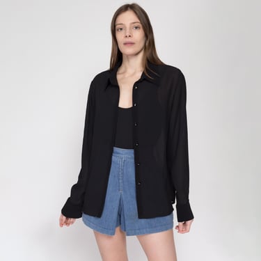 XL 90s Sheer Black Accordion Pleated Cufflink Blouse | Vintage Button Up Long Sleeve Collared Shirt 