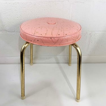 Vintage Pink Vanity Seat Vinyl Footstool Ottoman Mid-Century Pearl-Wick Golden Glow Metal Legs Gold Foot Stool Mid Century MCM Plant Stand 