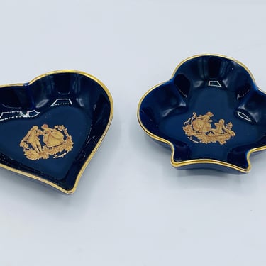 Vintage (2) Limoges Blue Heart and Diamond Trinket Dishes Gold Decoration 3" x 3.5" 