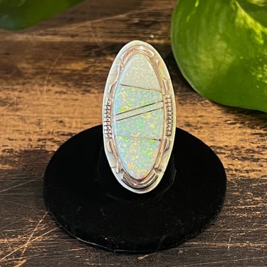IRIDESCENT STONE Sterling Silver and Opal Inlay Ring | Lab Created Synthetic Opal | Native American Navajo Southwestern Jewelry | Size 7, 8 