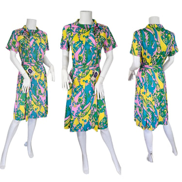 Psychedelic Print 1960's Shelton Strollers Bright Neon Paisley Print Nylon Dress I Sz Med I Deadstock 