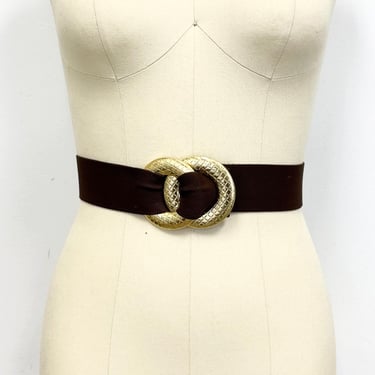 Vintage 70s Stretchy Belt | Quilted Gold Metal Buckle with Brown Elastic Belt 