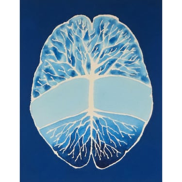 Blue Root and Branch Brain -  original watercolor painting - neuroscience art 