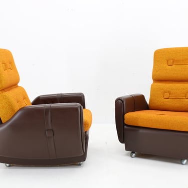 1970's Pair of Leatherette and Fabric Armchairs , Czechoslovakia / Mid-century / Brown Colour / Orange Colour / 