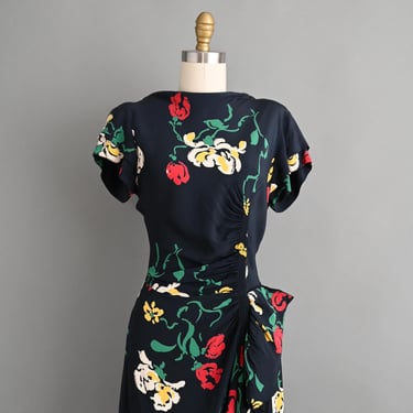 Vintage 1940s Dress | Gorgeous Rayon Vibrant Floral Print Cocktail Dress | Medium Large 
