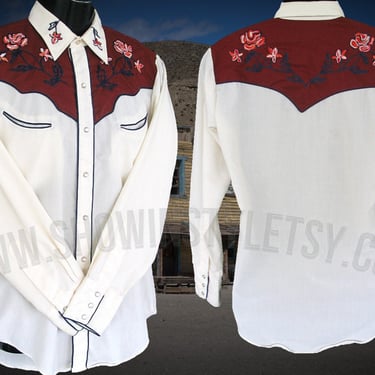 Chute #1 Vintage Western Men's Cowboy, Rodeo Shirt, Burgundy & Ivory, Embroidered Floral Designs , Approx. Small (see meas. photo) 