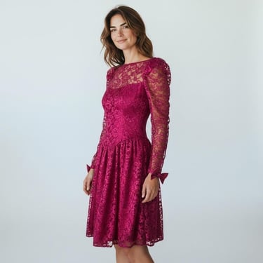 Vintage Alfred Angelo Raspberry Pink Lace 80s 90s Dress w Satin Bows Size 12 
