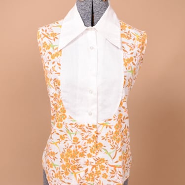 Orange 60s/70s Floral Bird Print Sleeveless Top with Bib By Starlight Trading, S/M