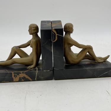 French Nude Flapper Girl Spelter Metal & Marble Bookend Pair, 1920 