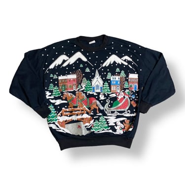 80s Christmas Sweater Black Crew Neck Santa Claus Sleigh Sweatshirt Holiday 