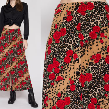 Large 90s Grunge Floral & Leopard Print Maxi Skirt | Vintage High Waisted Slinky Stretchy Skirt 