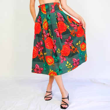 Vintage 80s Albert Nipon Rich Hunter Green High Waist Pleated Skirt w/ Vibrant Floral Print | 100% Cotton | 1980s Designer Bohemian Skirt 