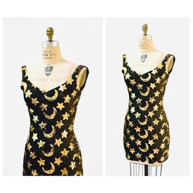 Vintage Sequin Dress Black Gold Metallic Star Moon SMALL Medium// 90s Vintage Sequin Metallic Dress Stars Moons Pop Art Astrology Dress 