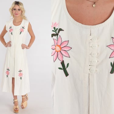 White Floral Dress Embroidered Summer Dress 90s Midi 2fer Attached Jacket Boho Sundress Shift Sun Vintage Sleeveless Hippie Retro Medium 