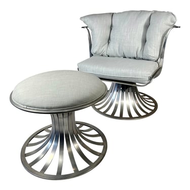 1960s Russell Woodard Herbert Saiger Slatted Aluminum Tulip Swivel Chair + Ottoman with Newly Reupholstered - Set of 2 