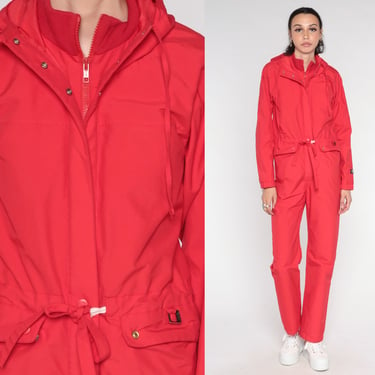 Hooded Ski Suit 80s Red Gortex Jumpsuit Fera One Piece Snowsuit Retro Coveralls Hood Winter Sports Skiwear Vintage 1980s Extra Small xs 
