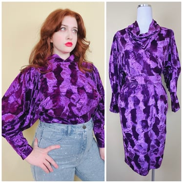 1980s Vintage Crushed Velvet Leg Of Mutton Set / 80s Purple Cowl Neck Blouse and Pencil Skirt Suit / Small 