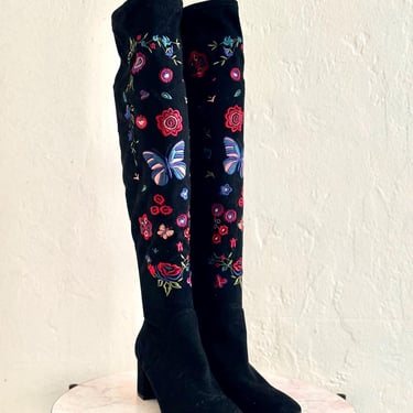 vintage floral over the knee festival embroidered black boots size 7.5 hippie flower power 