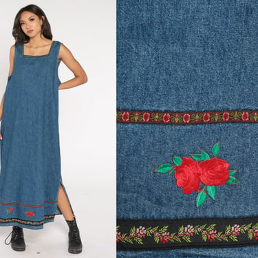 Denim Overall Dress 90s Floral Jean Jumper Dress Retro Maxi Day Dress Casual Blue Flower Trim Sleeveless Vintage 1990s Extra Large xl 16 