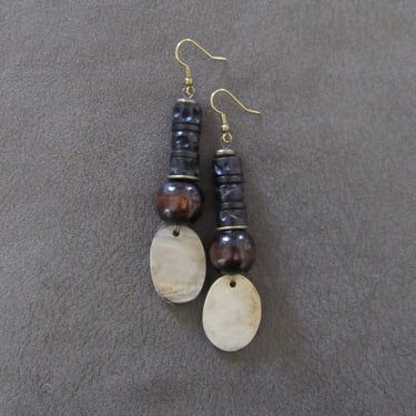 Long black carved wooden bohemian earrings 