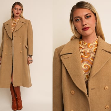 Vintage 1970s 70s Pendleton Camel Wool Long Trench Coat Jacket w/ Oversized Lapels, Double Breasted Buttons 