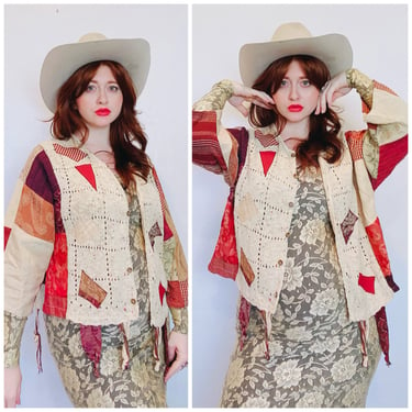 1990s Vintage Donna Jessica Rayon Patchwork Sweater / 90s Cream and Maroon Overcoat / Large - XL 