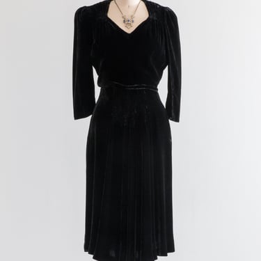 Vintage 1930's Black Silk Velvet Cocktail Dress / Small