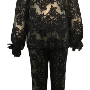 Swinging 60s Black Lace Pantsuit with Nude Underlay