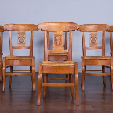 Antique French Directoire Style Fruitwood Dining Chairs W/ Rush Seats - Set of 6 