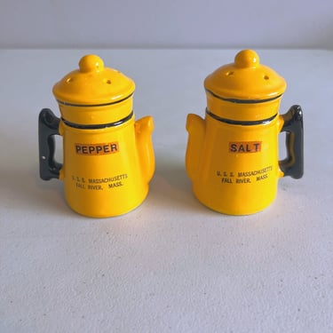 Vintage Enamel Coffee Pot Ceramic Salt and Pepper Shakers USS Massachusetts 
