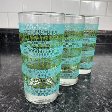 Vintage MCM Libbey "Phoenician" Pattern Glass Tumblers, Set of 3, Turquoise & Green Swirl Cocktail glasses, Texture Pattern 12oz Glasses 