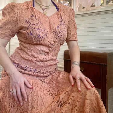 1940s Terra Cotta Lace Dress with Peaked Shoulders size Medium 