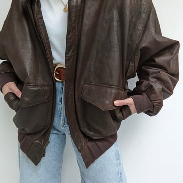 Vintage Tobacco Leather Bomber Jacket