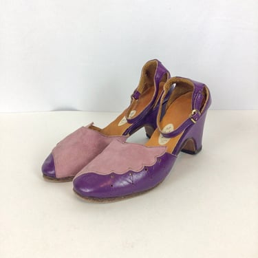 Vintage 30s shoes | Vintage purple lilac suede wedge high heels | 1930s two tone ankle strap shoes 