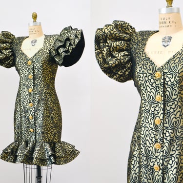 80s 90s Vintage Gold Black Ruffle Party Dress by Lillie Rubin// 80s Metallic Prom Party Dress Rhinestone buttons Ruffles Medium large 