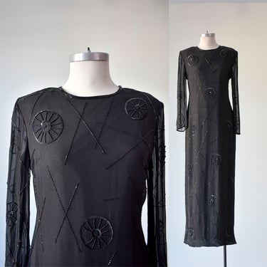 Vintage Black Beaded Gown / 1980s Beaded Gown / Formal Vintage Gown / 1980s Does the 1920s / 1980s Does the 1930s / Vintage Evening Gown 