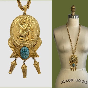 DONALD BROOKS Vintage 60s Gold Tone Necklace, 1960s Egyptian Cleopatra Theme Pendant, 70s 1970s Mid Century Designer Large Statement Jewelry 