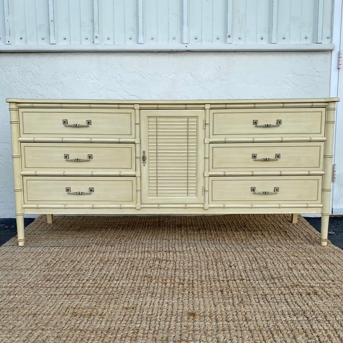Henry Link Bali Hai Dresser with 9 Drawers & Shutter Door - Vintage Creamy White Faux Bamboo Hollywood Regency Coastal Credenza Furniture 