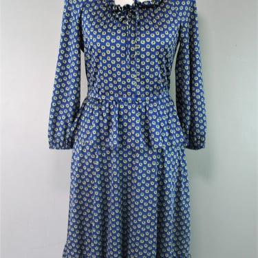 Cheekaberry - Circa 1970's - Shirtwaist - Peasant Dress - Peplum - Navy Blue/Green - Estimated size M 