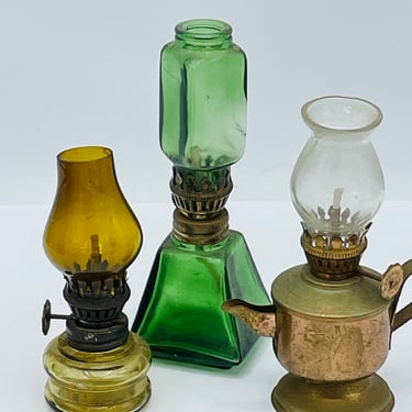 Vintage Miniature Hurricane Oil Lamps Set of 3  Green Glass and Brass 4- 5" " tall 