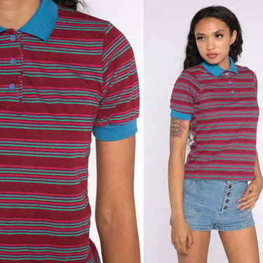 Burgundy Polo Shirt 80s Striped Shirt Blue Half Button Up Shirt Retro Collared 1980s Nerd Geek Vintage Short Sleeve Small 