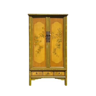 Chinese Olive Green Yellow Flower Graphic Armoire Wardrobe Cabinet cs7309E 