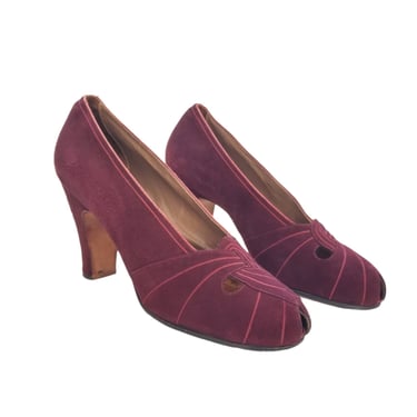 Vintage 30s Peep Toe Heels, Size 8 / 1940s Art Deco Pumps / Women's Burgundy Suede Shoes / Topstitched Cut Out Toe / Dark Red Deco Era Shoes 