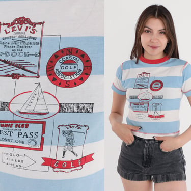 90s Crop Top Striped Baby Tee Blue White Red Ringer T-Shirt Sports Sailing Golf Tennis Graphic TShirt Cropped Vintage 1990s Extra Small xs 