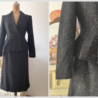 Vintage ‘80s Haberdasher black wool suit, 2 piece skirt & peplum blazer | fitted dress suit, ladies XS 