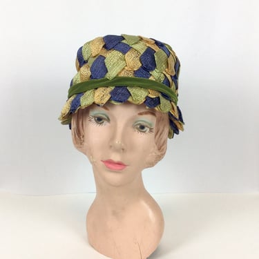 Vintage 60s hat | Vintage green blue woven hat  | 1960s tri tone straw bucket hat 