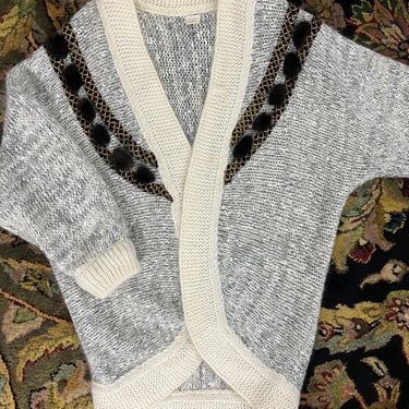 90’s Mohair/Wool Blend Grey and White Cardigan Sweater with Pom Pom and Sequins Detailing 