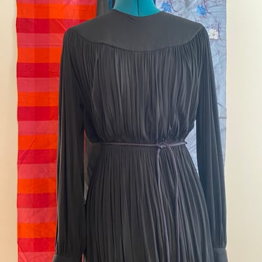 70s Black Pleated Silk Gown