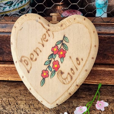 Vintage Heart Box Denver CO~Handmade Wood Box~Heart Shaped Jewelry box, Pyrography & Flowers 