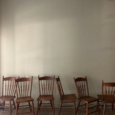 6 Oak dining chairs. Sold in pairs.